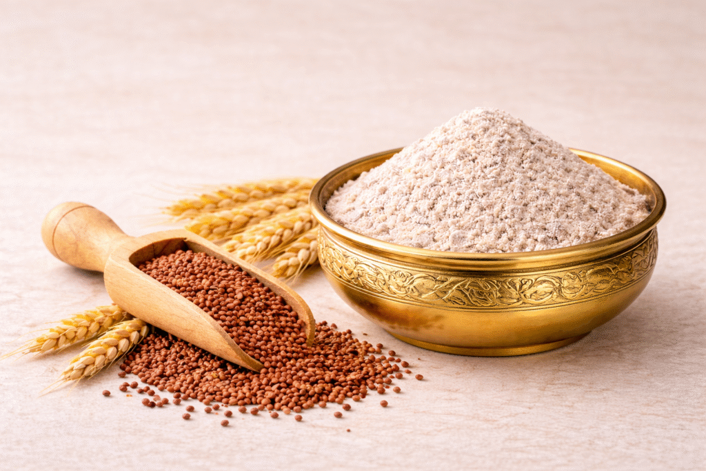 GreatMiller Ragi Wheat Mix flour made from 75% ragi and 25% wheat in a golden bowl