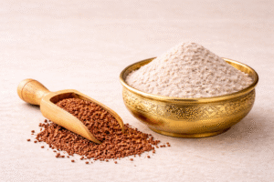 GreatMiller Ragi Flour made from premium finger millet grains in a golden bowl
