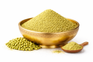 Premium coriander powder in brass bowl with fresh green coriander seeds from Unjha Gujarat