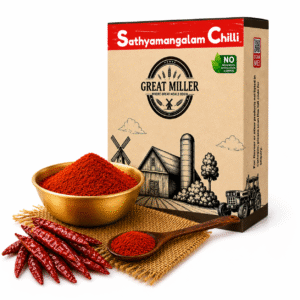 GreatMiller Sathyamangalam Chilli Powder made from premium sun-dried red chillies sourced from Sathyamangalam, Tamil Nadu, with rich colour and bold spice.