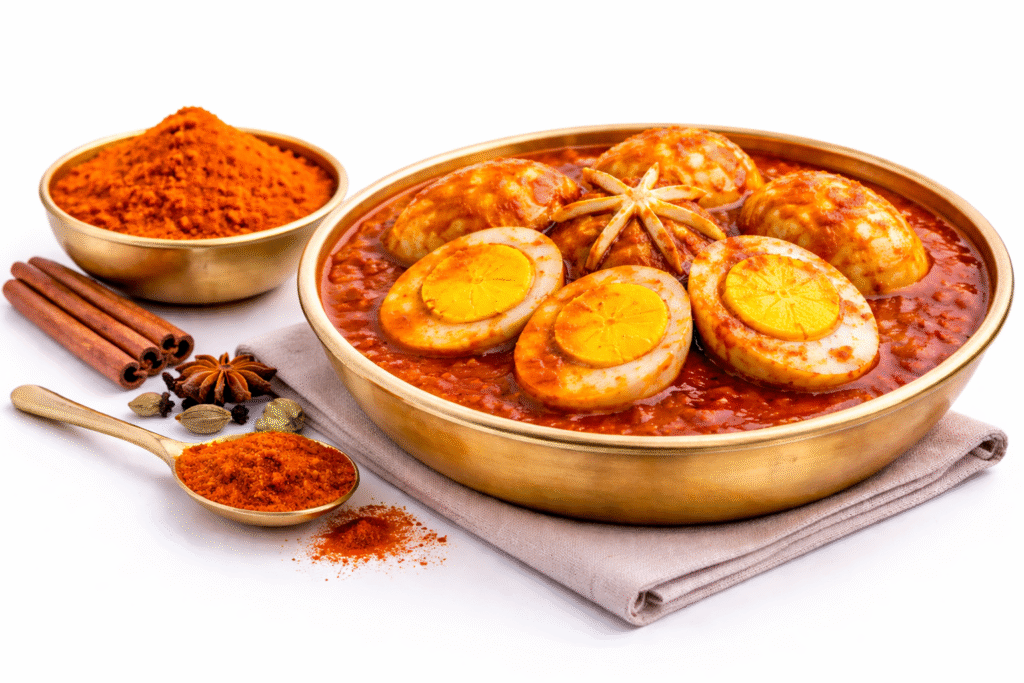 Spicy egg curry prepared using GreatMiller egg masala powder with rich gravy and boiled eggs on white background