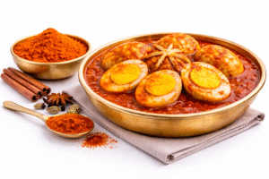 Spicy egg curry prepared using GreatMiller egg masala powder with rich gravy and boiled eggs on white background