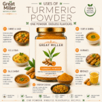 GreatMiller Premium Turmeric Powder in premium packaging made from high-quality natural turmeric for curries, rice dishes, soups, marinades, and everyday cooking.