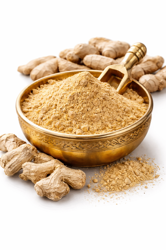 GreatMiller Ginger Powder in golden bowl with dried ginger roots