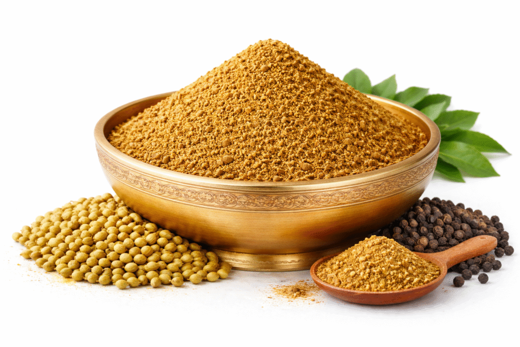 Roasted coriander powder in a brass bowl with whole coriander seeds, black pepper, and curry leaves on white background