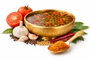 Kerala rasam in ornate golden bowl with highlighted spoon of rasam powder and traditional spices on white background
