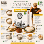 GreatMiller Kerala Idiyappam Powder in premium packaging made from finely milled rice flour for preparing soft, authentic Kerala idiyappam, string hoppers, and traditional rice-based dishes.