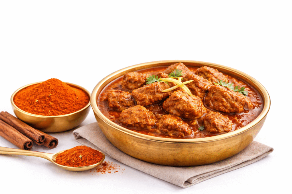 Greatmiller mutton masala powder with spicy Kerala style mutton curry garnished with coriander and rich red gravy