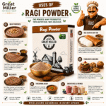 GreatMiller Ragi Powder made from premium finger millet, finely milled for healthy breakfasts, porridge, roti, dosa, and baking.