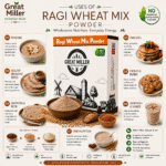 GreatMiller Ragi Wheat Breakfast Mix Powder in premium packaging made with finger millet and whole wheat for healthy breakfasts, smoothies, porridge, and everyday nutrition.