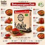 GreatMiller Sathyamangalam Chilli Powder in premium packaging made from selected Sathyamangalam red chillies for curries, gravies, marinades, and traditional Indian recipes.