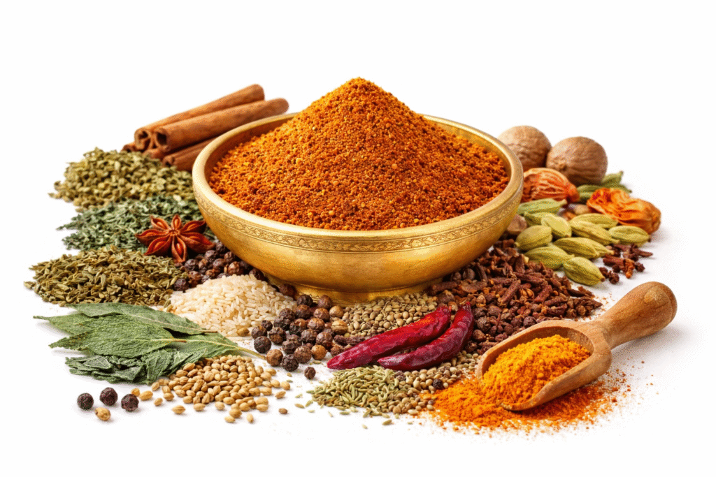 GreatMiller meat masala powder in brass bowl with dried mint, curry leaves, coriander leaves, and whole spices on white background