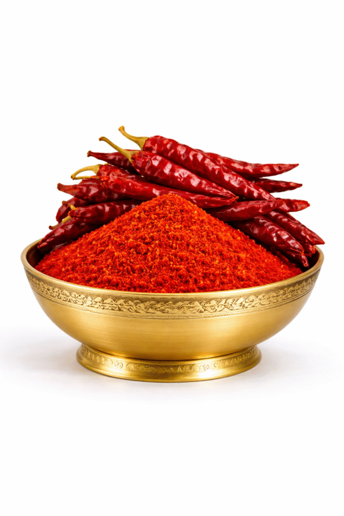 Great Miller red chilli powder in brass bowl with whole dried red chillies on white background