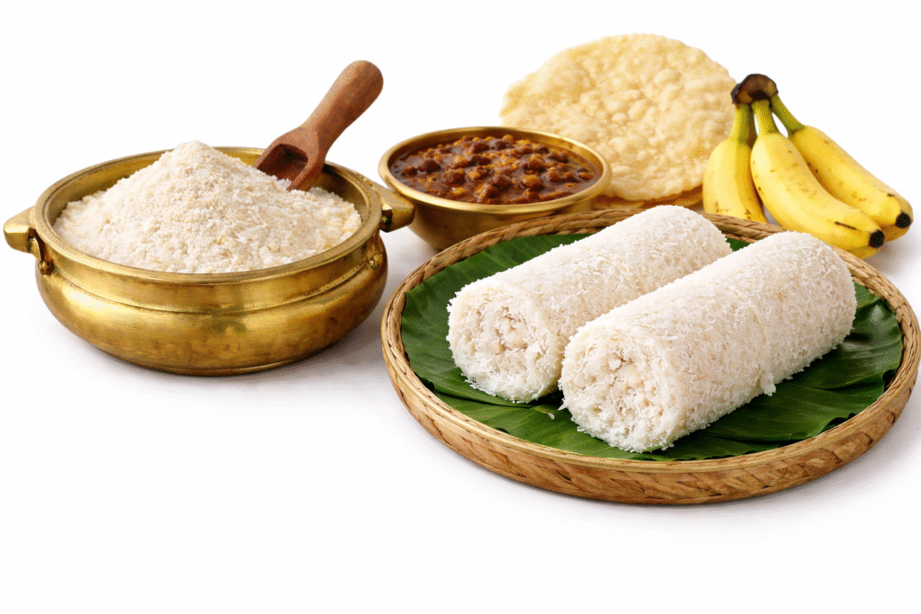 Kerala puttu podi with steamed puttu served with kadala curry, pappadam and banana