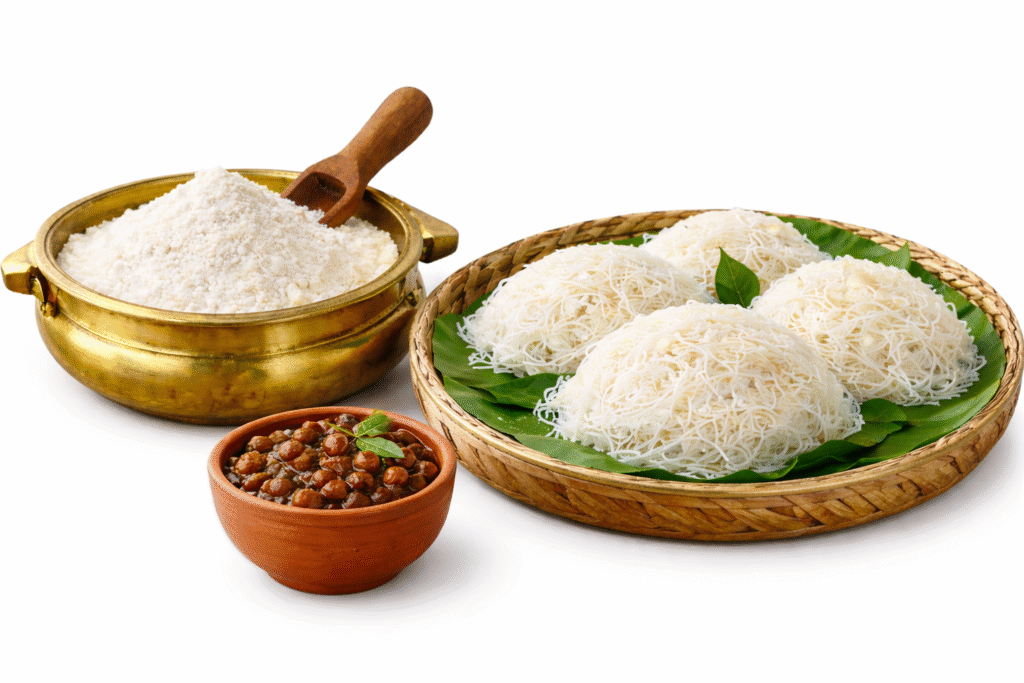 Kerala idiyappam with rice flour in brass uruli served with kadala curry