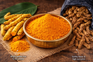 Great Miller turmeric powder in brass bowl with natural dried turmeric roots for cooking and spice use