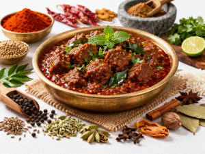 beef masala curry in brass bowl with spices and herbs