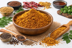 achar powder in brass bowl with chilli, mustard, cumin and curry leaves