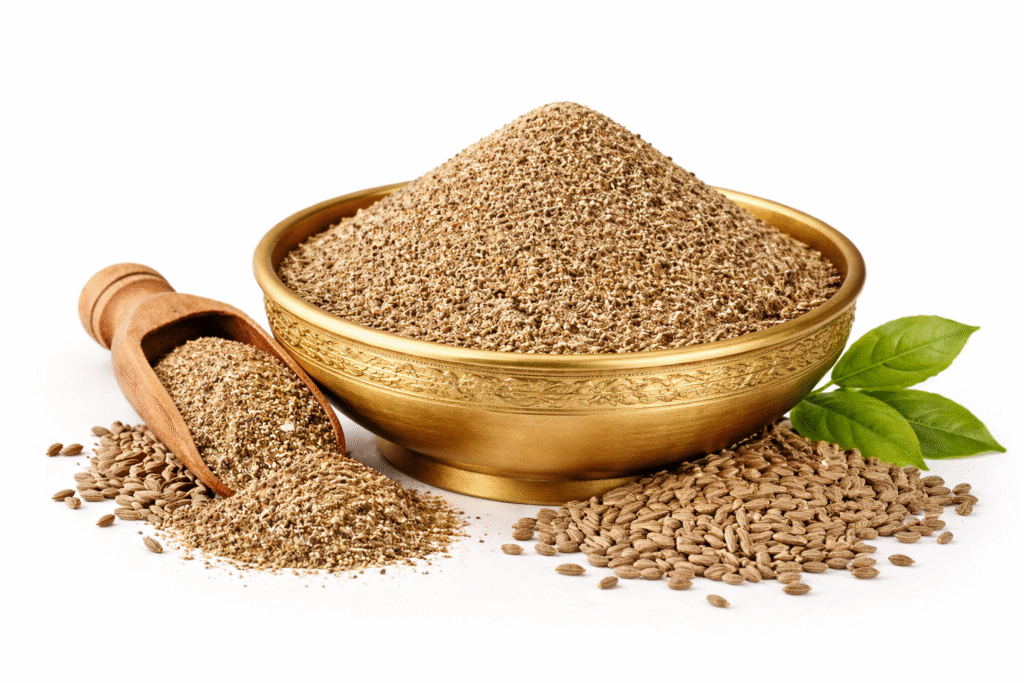jeera powder in brass bowl with cumin seeds and wooden scoop