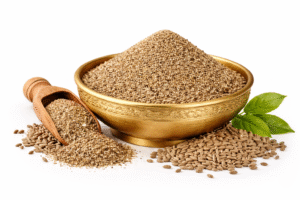 jeera powder in brass bowl with cumin seeds and wooden scoop