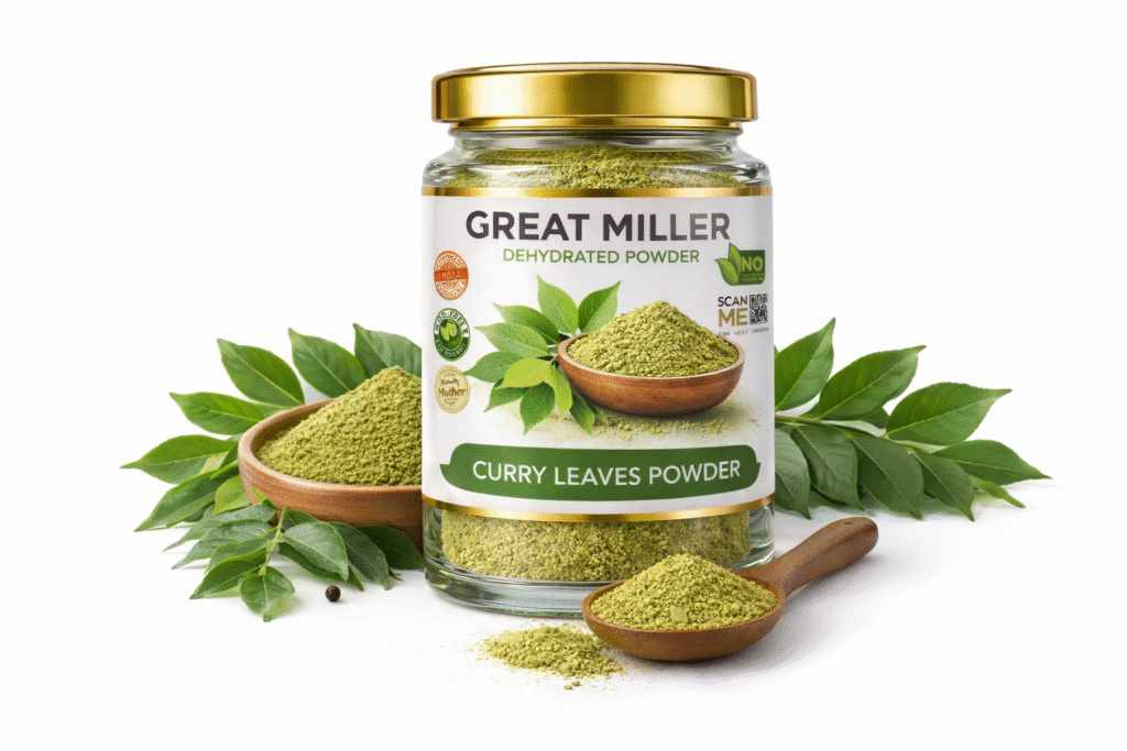 Great Miller Curry Leaves Powder in glass jar with fresh curry leaves and green herbal powder on white background