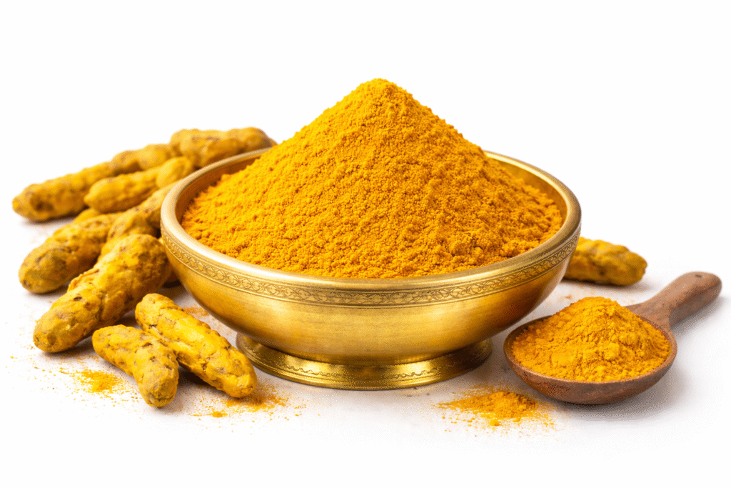 pure turmeric powder in glass jar with dried turmeric roots on yellow background natural haldi product