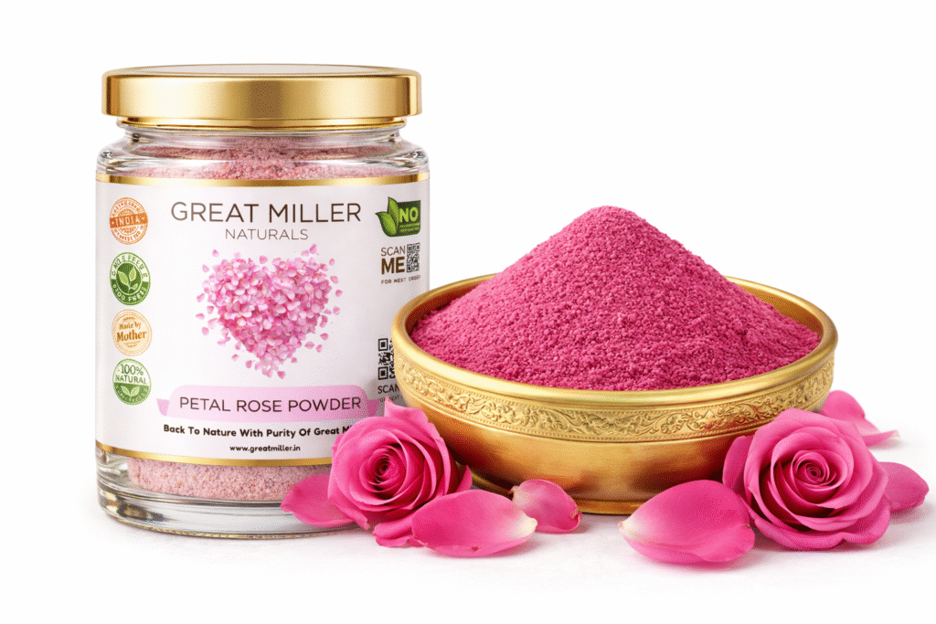 GreatMiller Petal Rose Powder in glass jar with golden bowl of pink rose powder and fresh rose petals