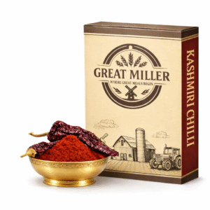 Great Miller Kashmiri Dubbi Chilli Powder in golden bowl with premium Kashmiri chillies
