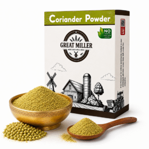 GreatMiller Coriander Powder in glass bottle with fresh coriander seeds and green coriander leaves on a natural background
