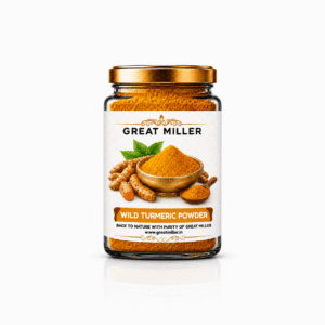 Kerala wild turmeric powder in a premium transparent jar with natural golden-yellow kasturi turmeric powder on a white background.