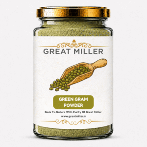 GreatMiller Green Gram Powder made from finely ground natural green gram in a premium jar packaging