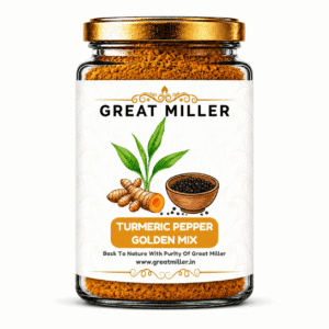 GreatMiller Turmeric Pepper Golden Mix powder in a glass jar made from natural turmeric and black pepper blend for daily wellness and immunity support.