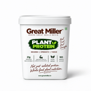GreatMiller Plant Protein powder with 21g protein per serving in a premium white container