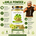 GreatMiller Amla Powder made from 100% pure dried Indian gooseberries, finely ground for natural nutrition, hair care, and skincare.