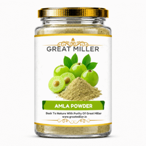 GreatMiller Amla Powder made from finely ground dried Indian gooseberries, presented in a premium bottle with fresh amla fruits on a white background.