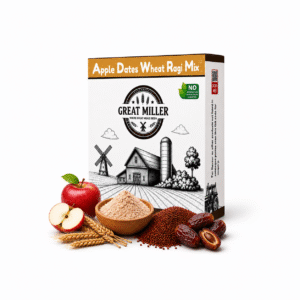GreatMiller Apple Dates Ragi Wheat Health Mix made with 45% ragi, 25% wheat, 20% dates, and 10% apple, nutritious breakfast and health drink mix.