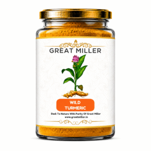 GreatMiller Wild Turmeric (Kasthuri Manjal) plant illustration with pink flower, green leaves, and turmeric rhizomes on a white background for natural skin care.