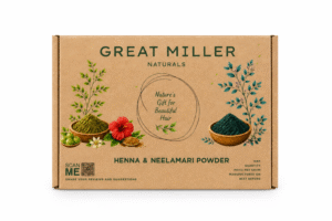 Great Miller Naturals Henna and Neelamari Powder packaged in an eco-friendly kraft cardboard box featuring natural herbal ingredients, henna powder, hibiscus flower, amla, fenugreek, and pure neelamari powder.
