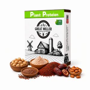 Great Miller Plant Protein Mix box with soya chunks, flaxseeds, ragi, dates, and almonds displayed on a white background.