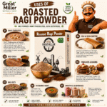 GreatMiller Roasted Ragi Powder 250g made from premium roasted finger millet, ideal for porridge, dosa, roti, idli, baking, smoothies, and healthy recipes.