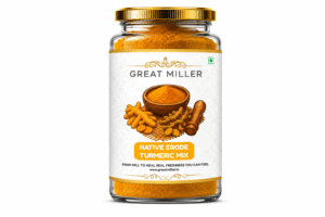 GreatMiller Native Erode Turmeric Mix in a premium glass jar made with Native and Erode turmeric, offering high curcumin content, mild natural taste, and ideal for everyday cooking and wellness.