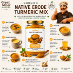 GreatMiller Native Erode Turmeric Mix in a premium glass jar made with Native and Erode turmeric, offering high curcumin content, mild natural taste, and ideal for everyday cooking and wellness.