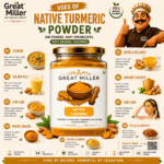GreatMiller Native Turmeric Powder in a premium glass jar made from pure natural turmeric, suitable for cooking, golden milk, skincare, and wellness.