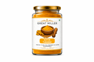 GreatMiller Native Erode Turmeric Mix in a premium glass jar made with Native and Erode turmeric, offering high curcumin content, mild natural taste, and ideal for everyday cooking and wellness.